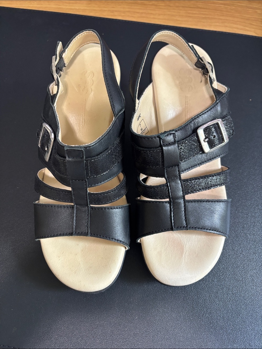 SAS Black Leather Strappy Slingback Sandals